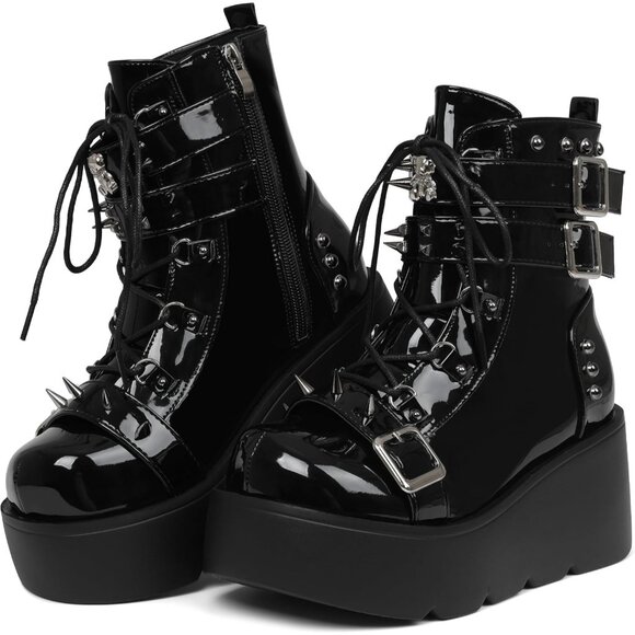 Women Polyurethane Black Round Toe Buckle Leather Platform Side Zip Ankle Boot - Picture 1 of 7